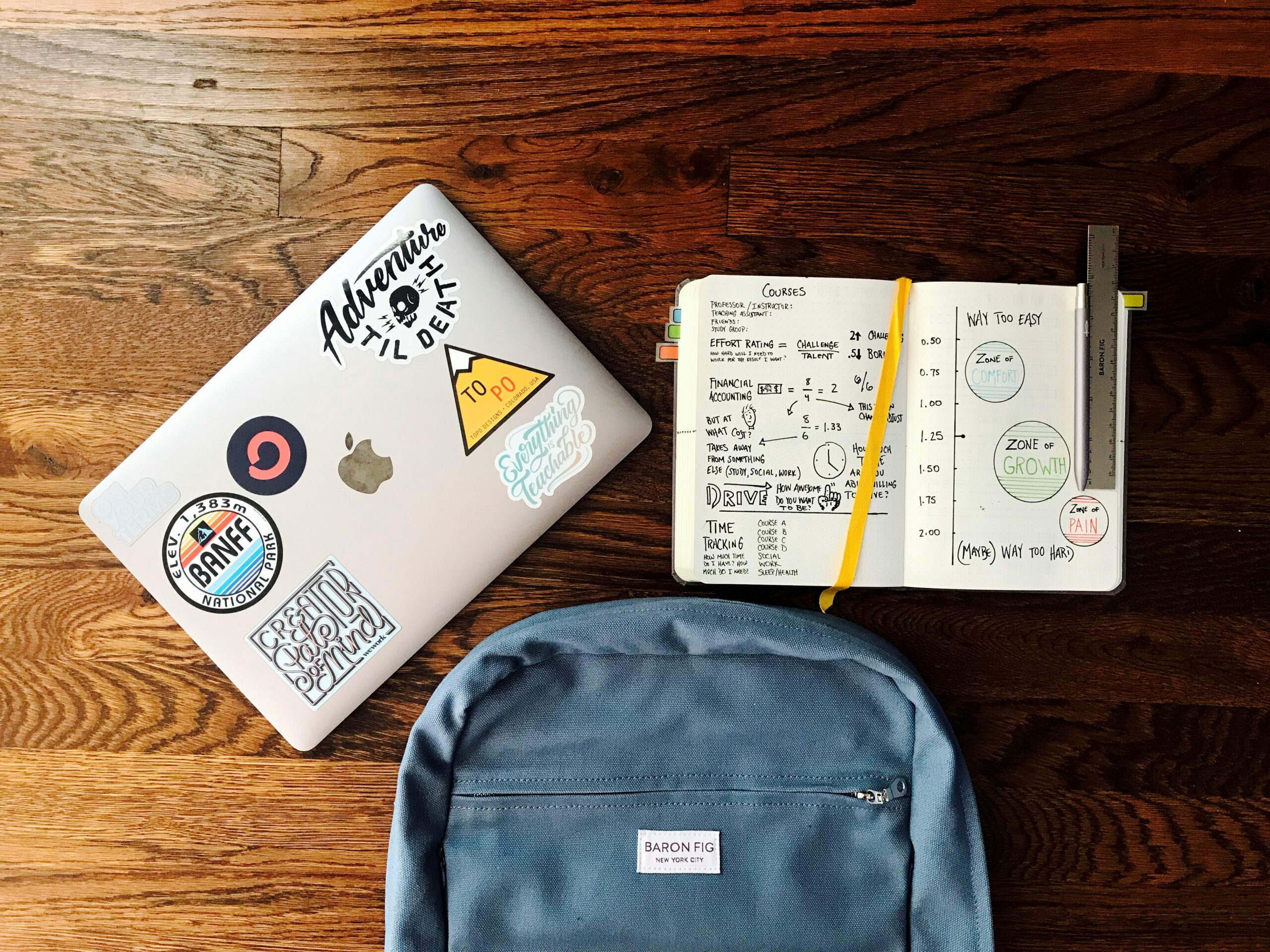 School supplies like a laptop and notebook are shown next to a backpack. 